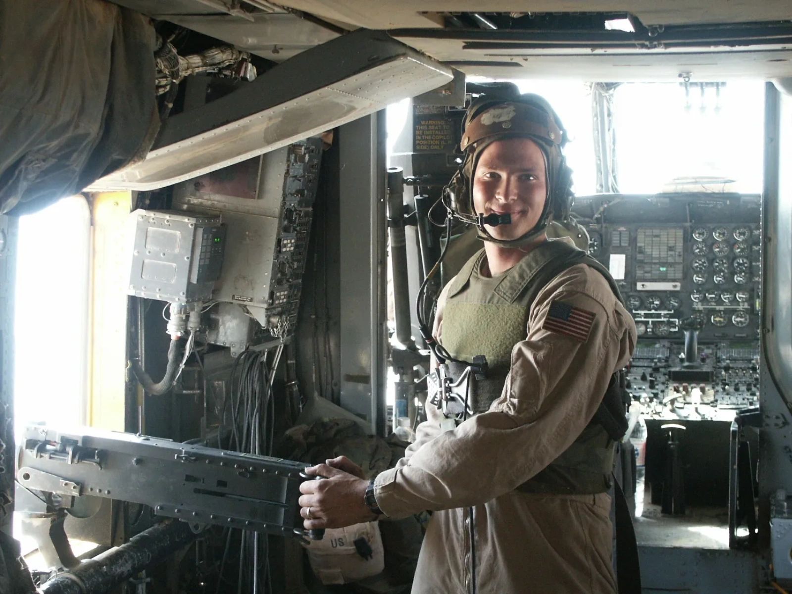 Aviation mechanic in aircraft cockpit